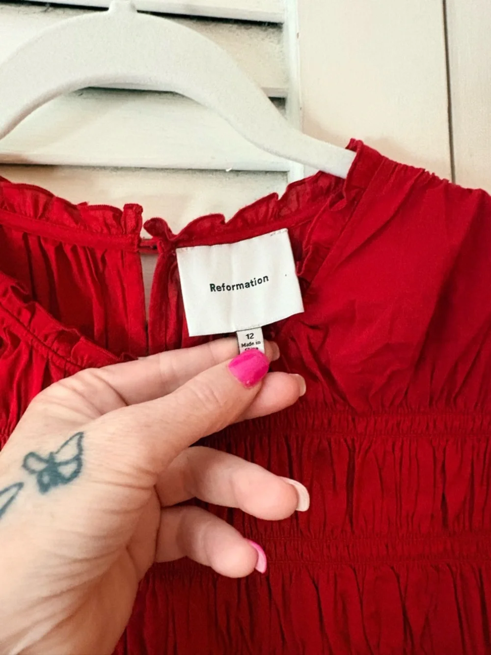 Reformation Kiria Smocked Midi Dress Red Puff Sleeve Lined Romantic Size 12 - Picture 5 of 9